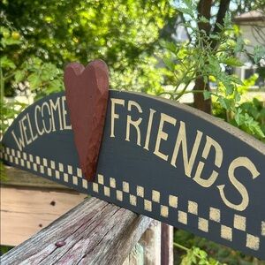 Wooden Handmade Welcome Friends Sign with Heart Country Home 29"x6.5"